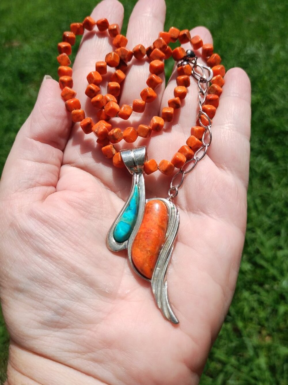 Jay King DTR mine finds coral necklace Turquoise inlay pendant 925 Sterling Silv - Picture 3 of 7